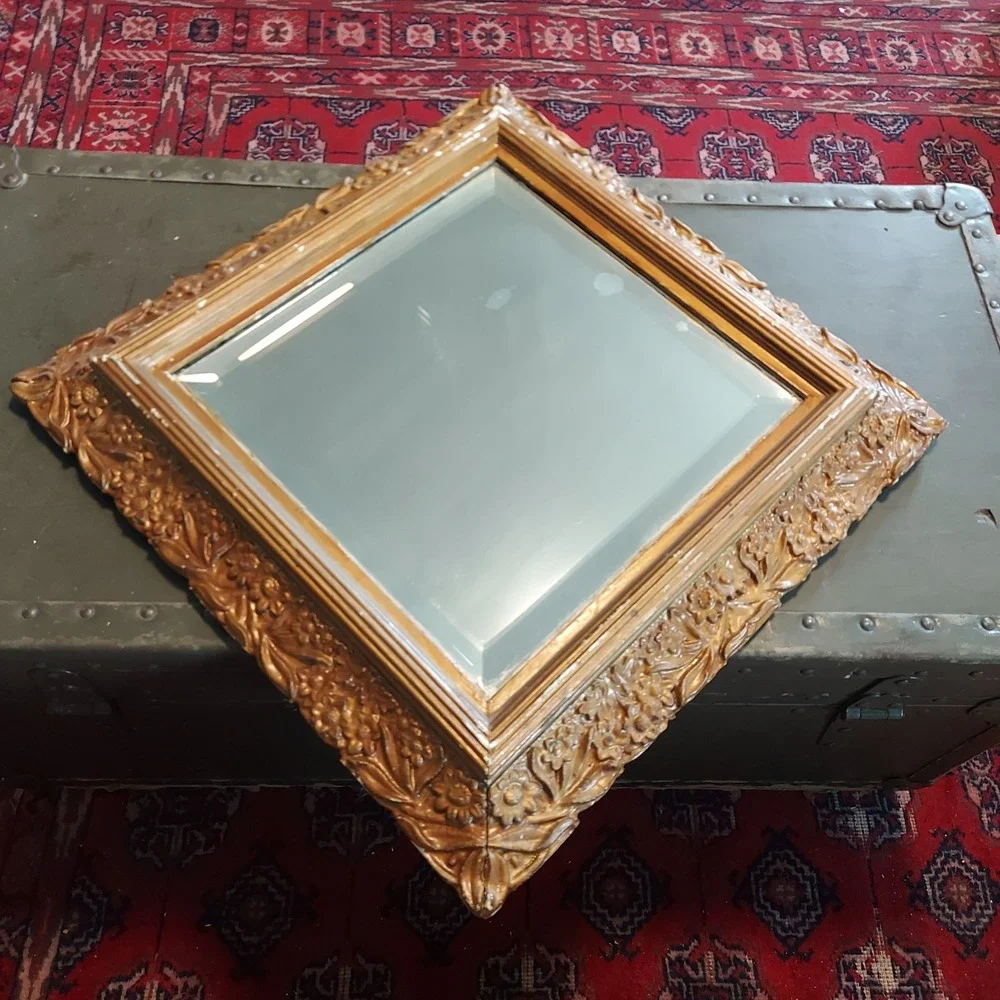 Antique Gold Gilt Ornate Floral Square Wall Mirror Beveled Glass 18 Inch Regency